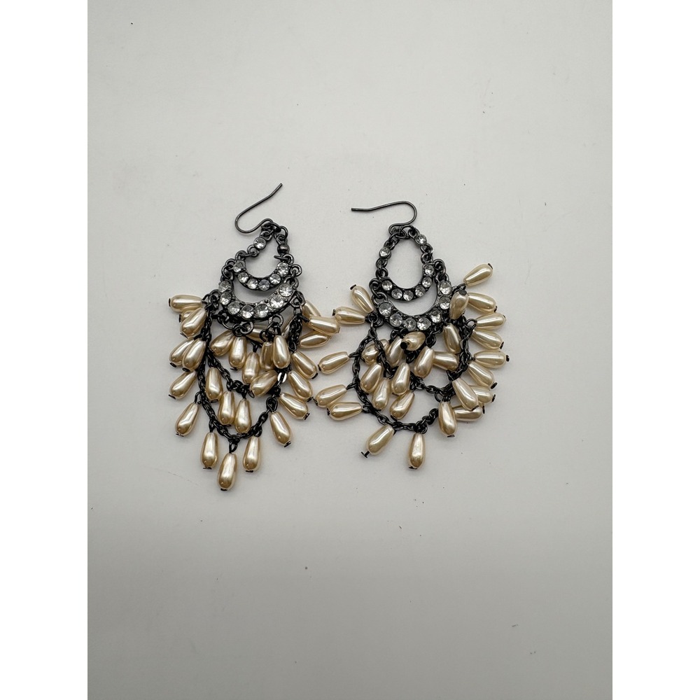 Gunmetal Faux Pearl Teardrop Chandelier‎ Earrings Rhinestone Statement